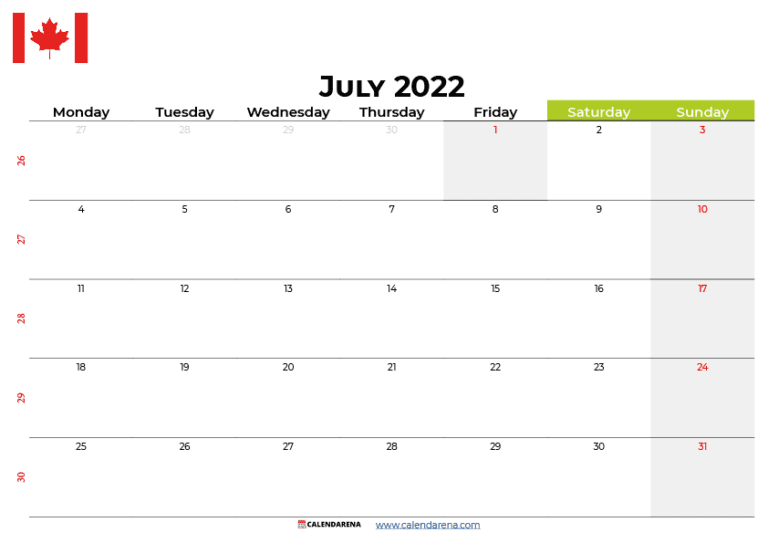 July 2022 Calendar Canada With Holidays