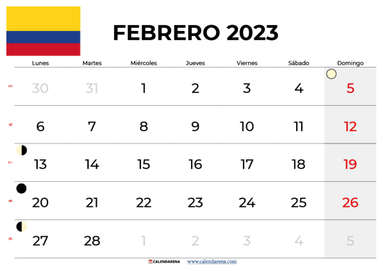 Calendario Febrero 2023 Colombia Para Imprimir