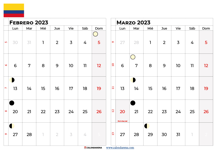 calendario febrero y marzo 2023 colombia