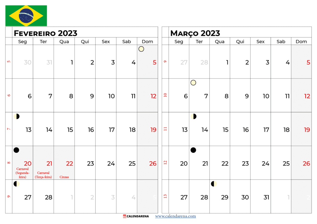 calendario fevereiro e março 2023 brasil