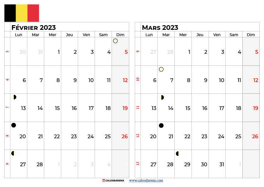 calendrier fevrier mars 2023 belgique