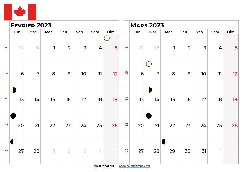 calendrier fevrier mars 2023 canada