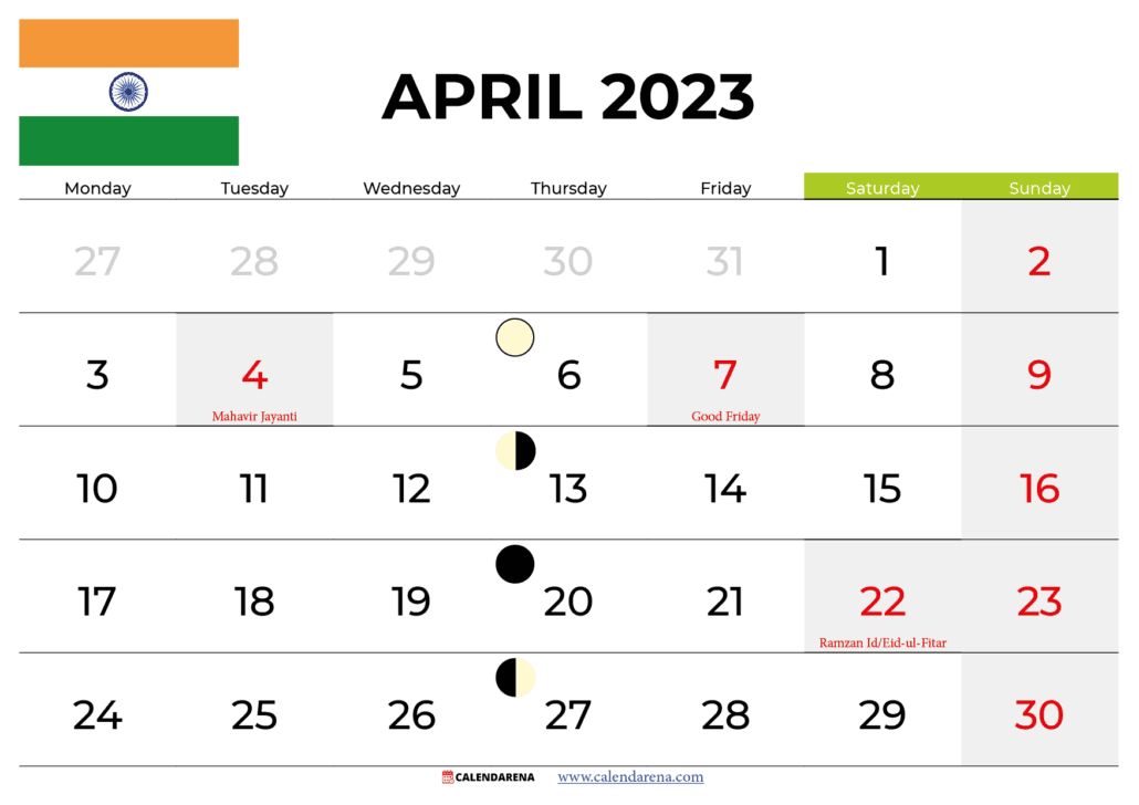 april 2023 calendar with holidays india