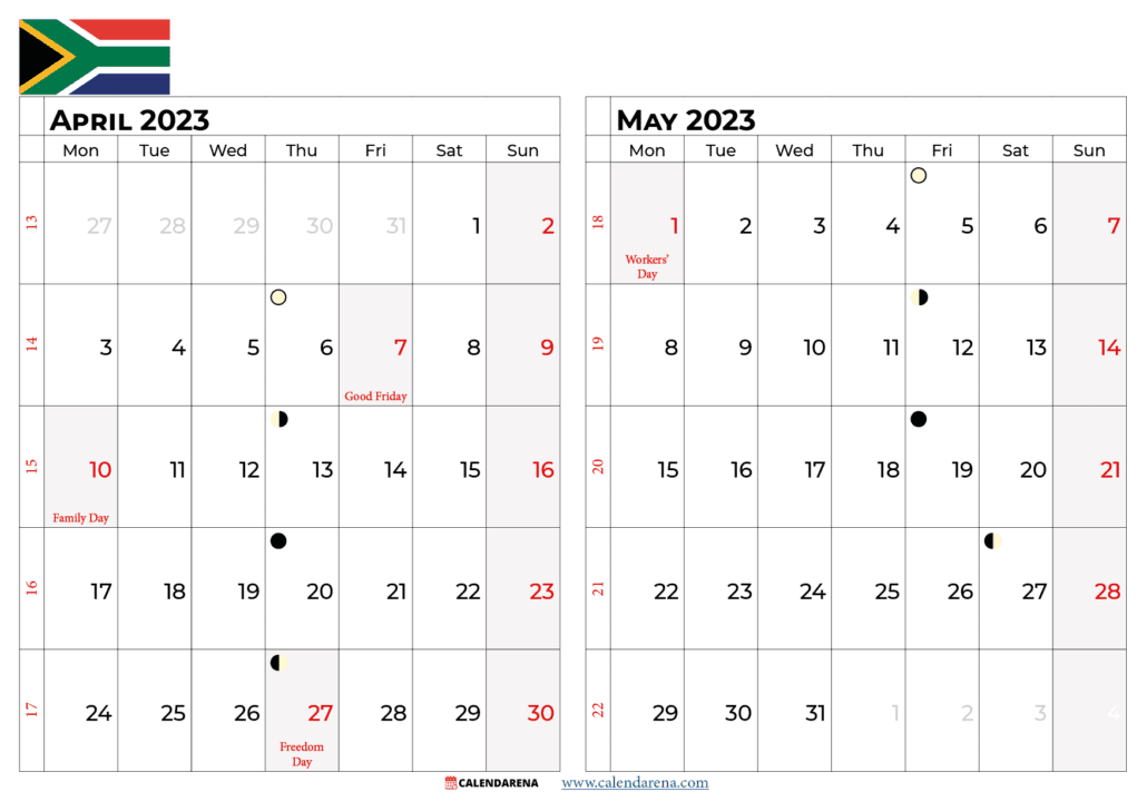 april and may 2023 calendar south africa