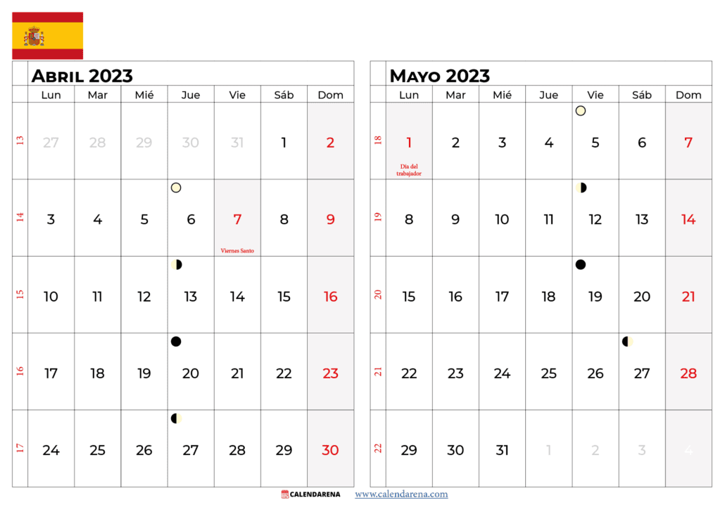 calendario abril y mayo 2023 España