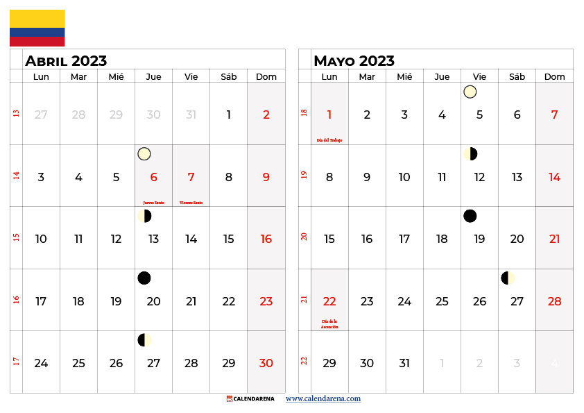 calendario abril y mayo 2023 colombia