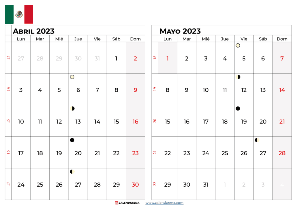 calendario abril y mayo 2023 méxico