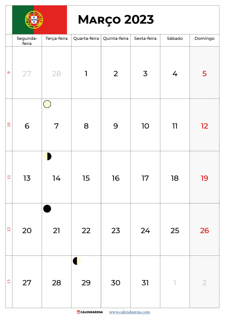 calendário de março de 2023 com feriados portugal