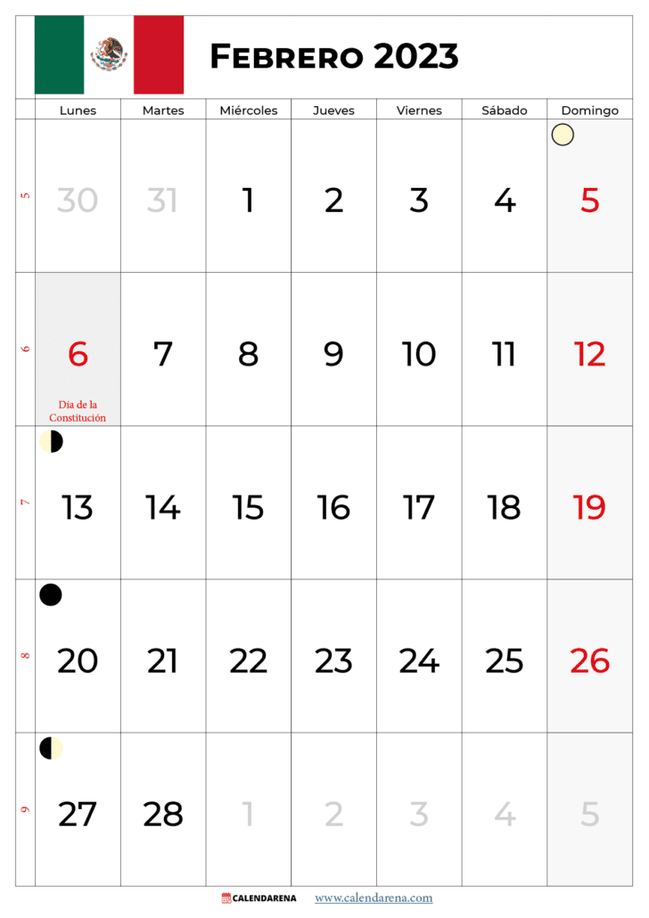 calendario febrero 2023 con festivos méxico