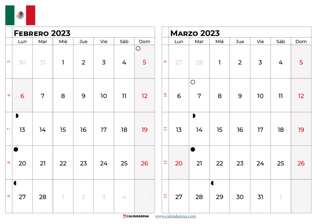 calendario febrero marzo 2023 méxico