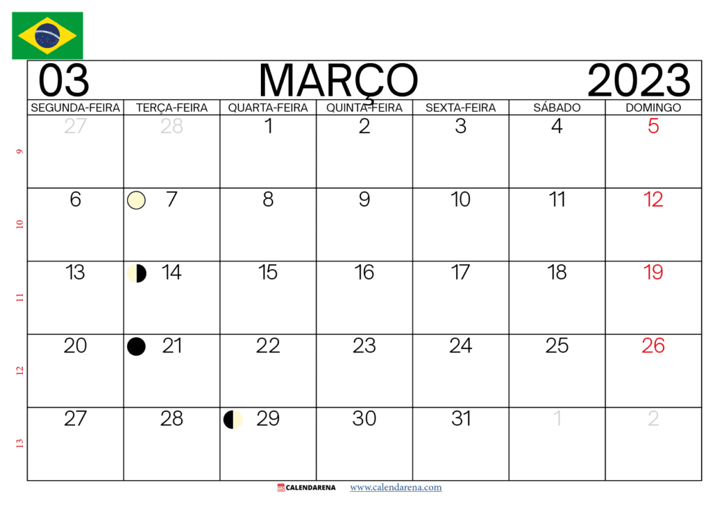 calendário março 2023 com feriados brasil
