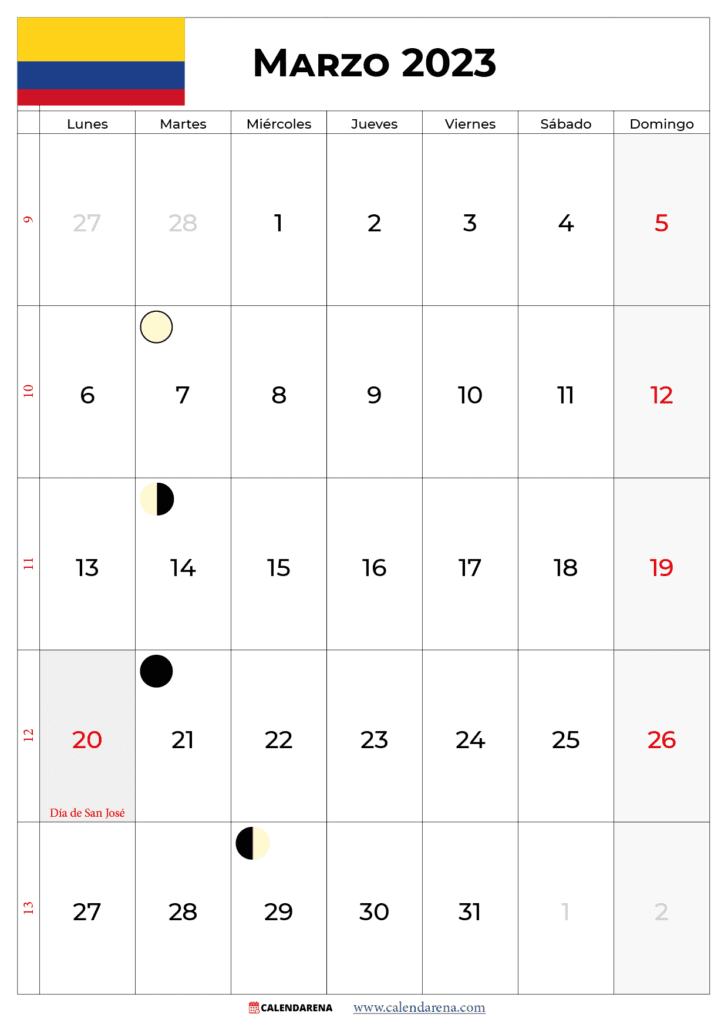 calendario marzo 2023 con festivos colombia