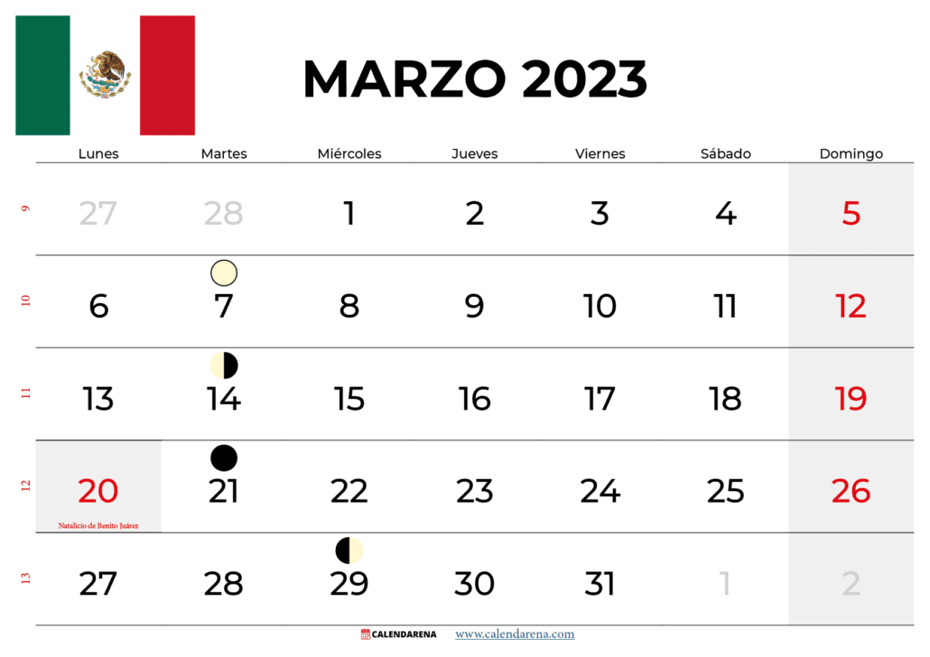 calendario marzo 2023 mexico