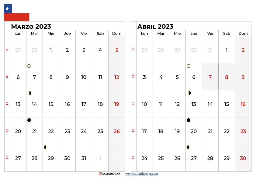 calendario marzo y abril 2023 chile