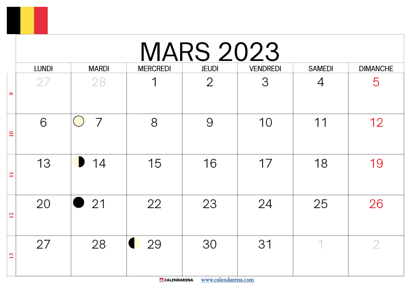 calendrier mars 2023 à imprimer belgique