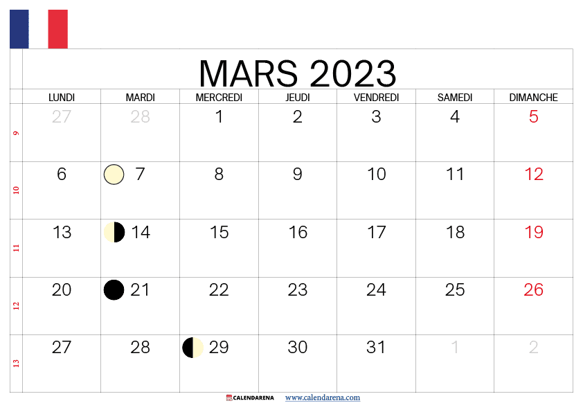 calendrier mars 2023 à imprimer france