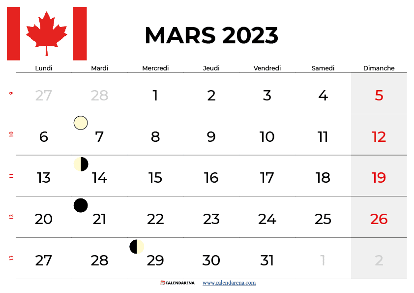 calendrier mars 2023 québec