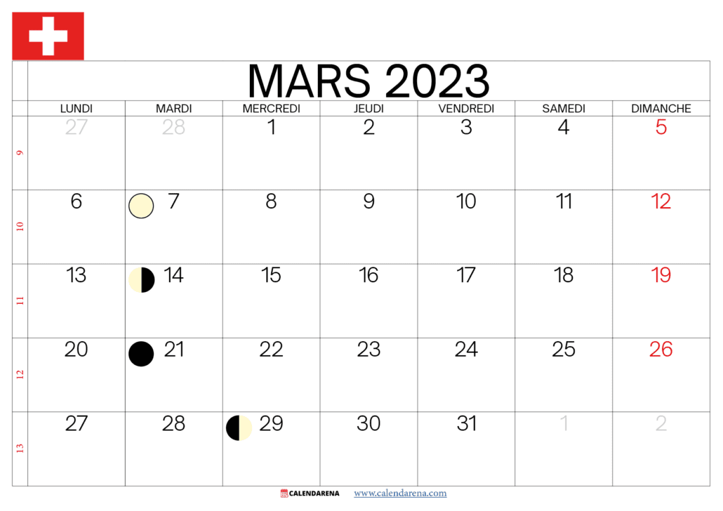 calendrier mars 2023 suisse