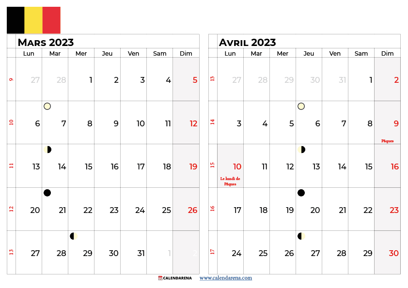 calendrier mars avril 2023 belgique