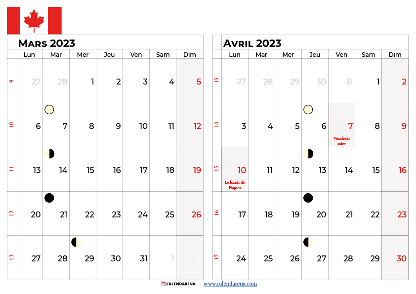 calendrier mars avril 2023 canada