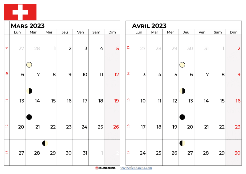 calendrier mars avril 2023 suisse