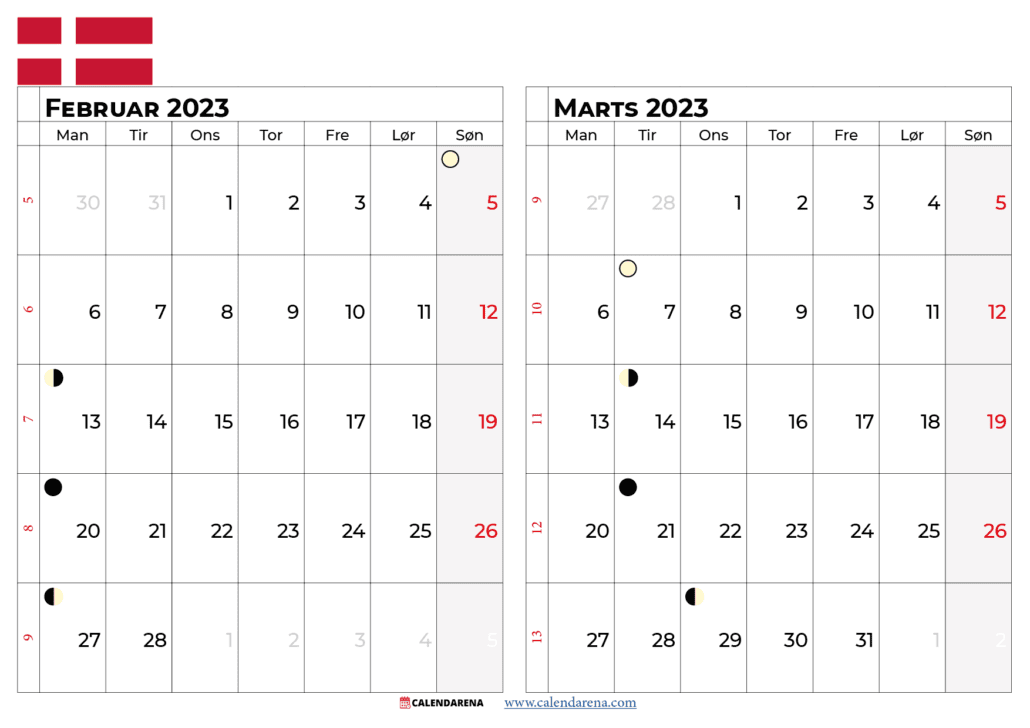 kalender februari marts 2023 Danmark