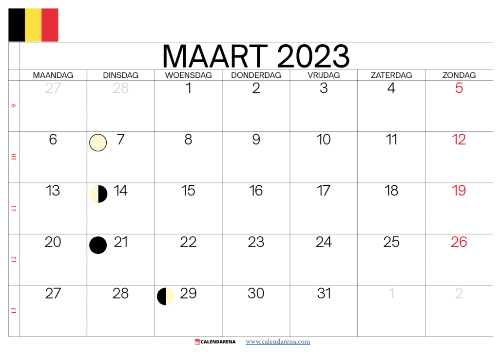 kalender maart 2023 met weeknummers belgië
