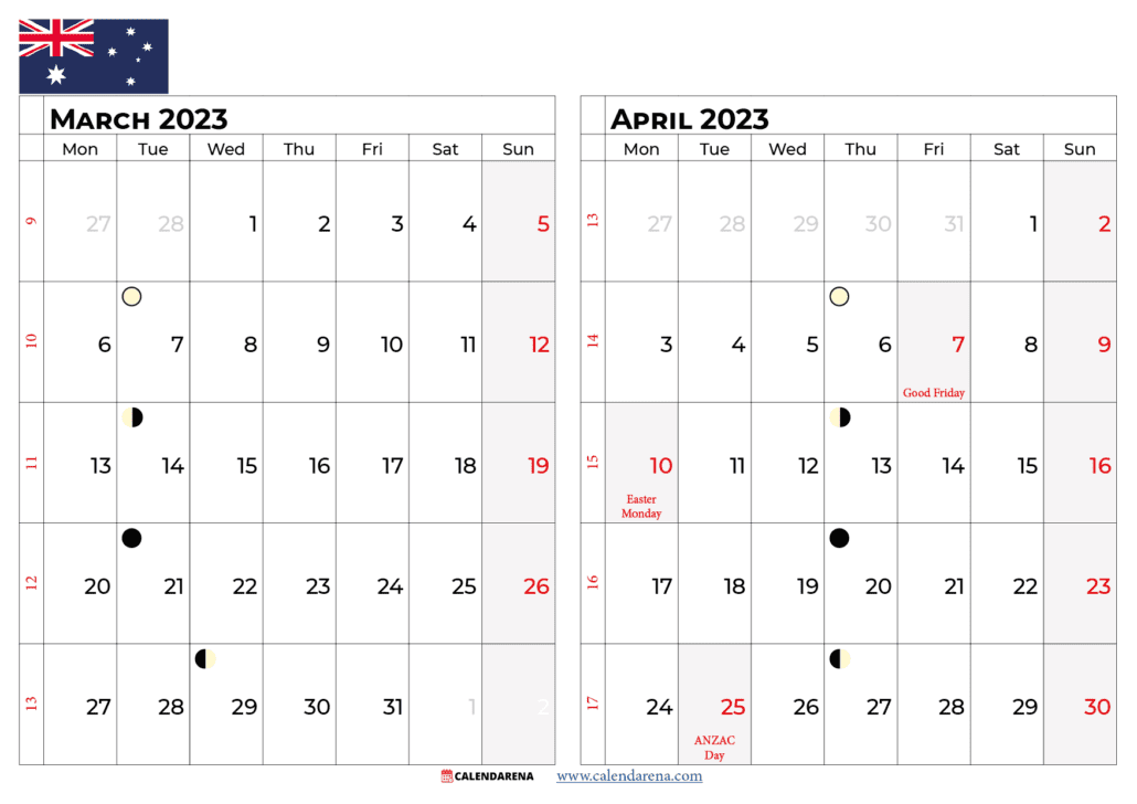 march april 2023 calendar printable australia
