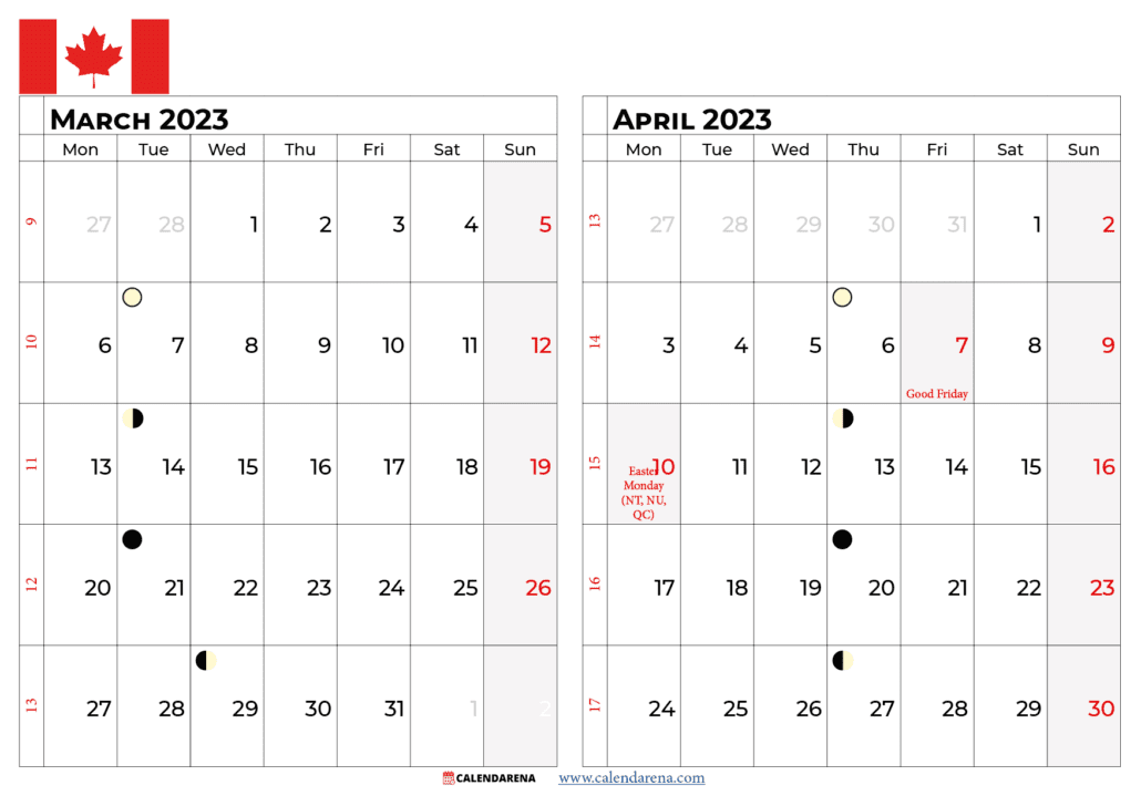 march april 2023 calendar printable canada