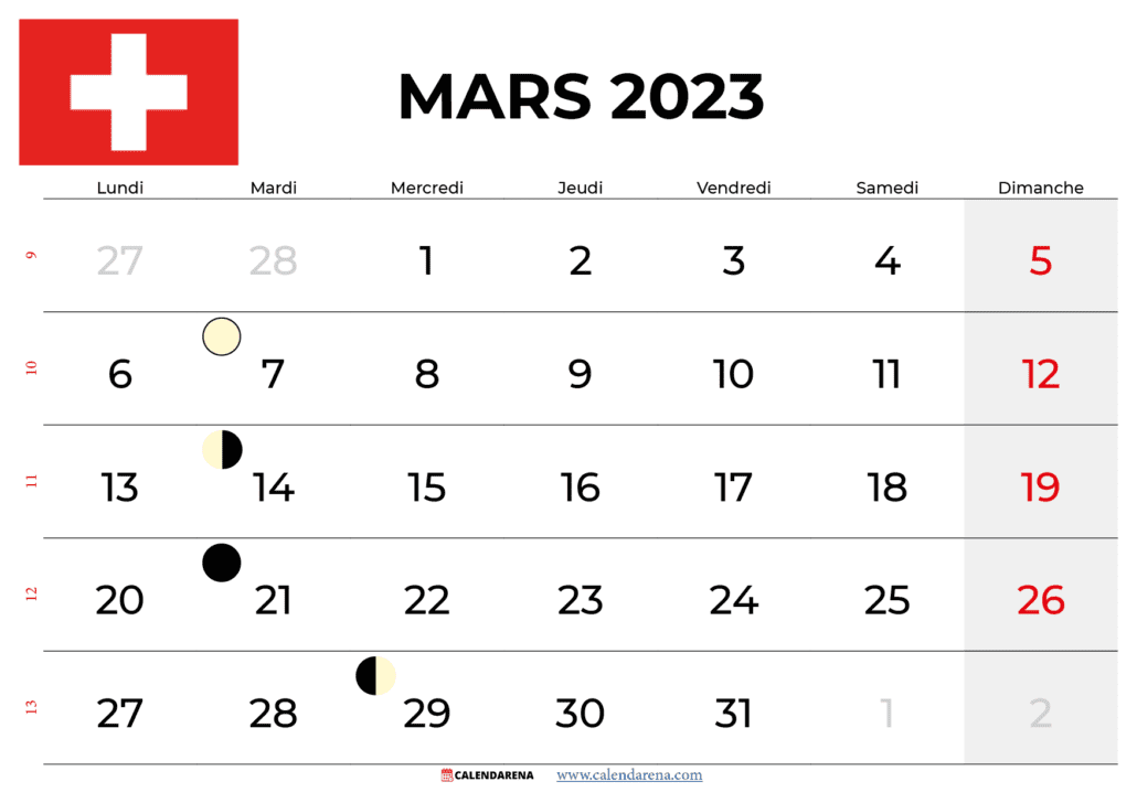 mars 2023 calendrier suisse