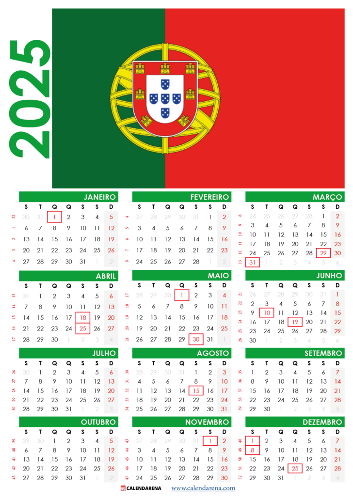 Calendário 2025 Portugal Para Imprimir Feriados