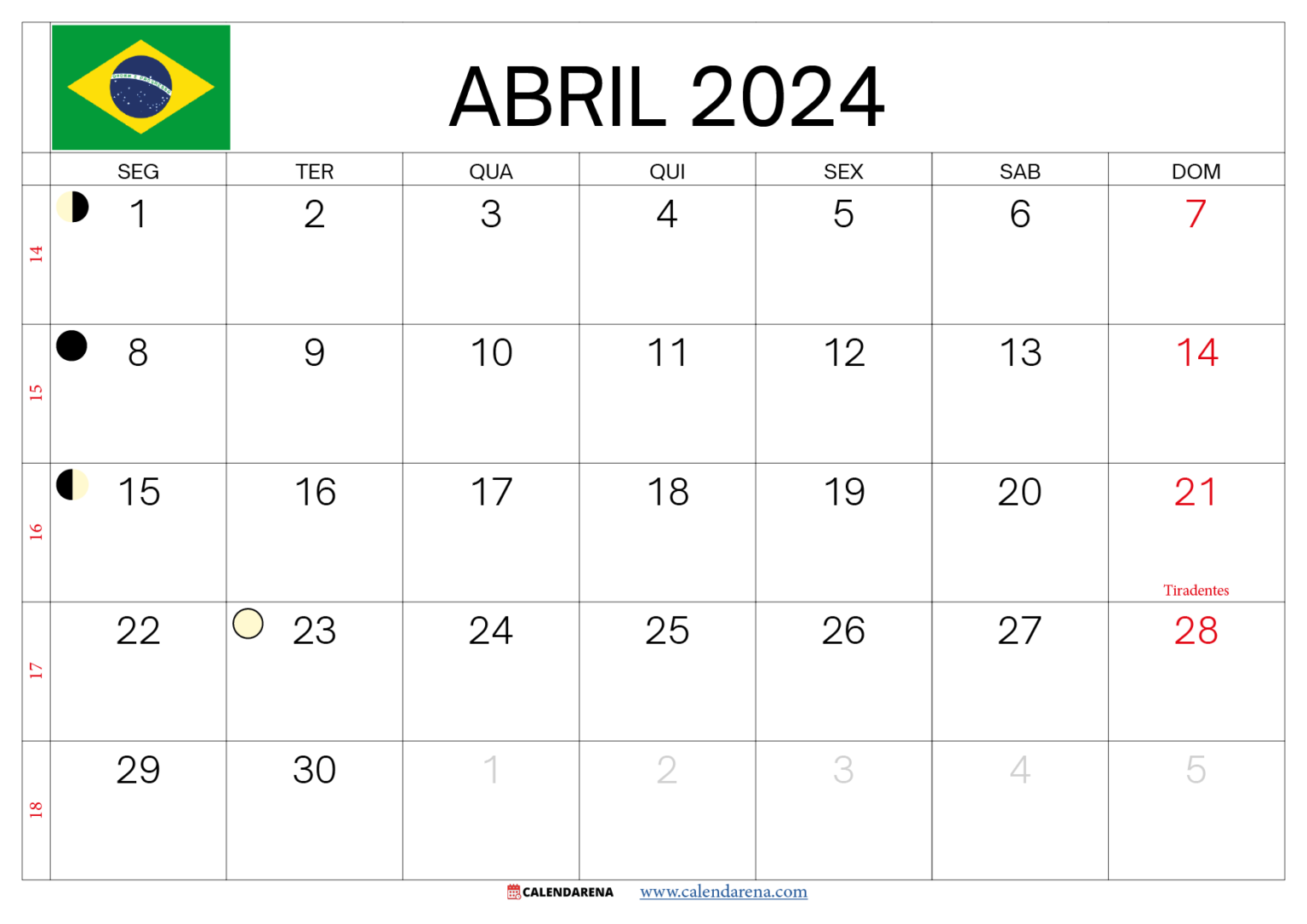 Calendário Abril 2024 Brasil