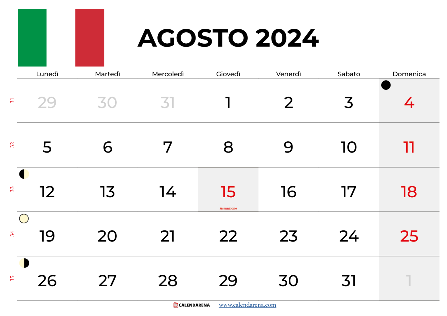 Calendario Agosto 2024 Italia Con Festività