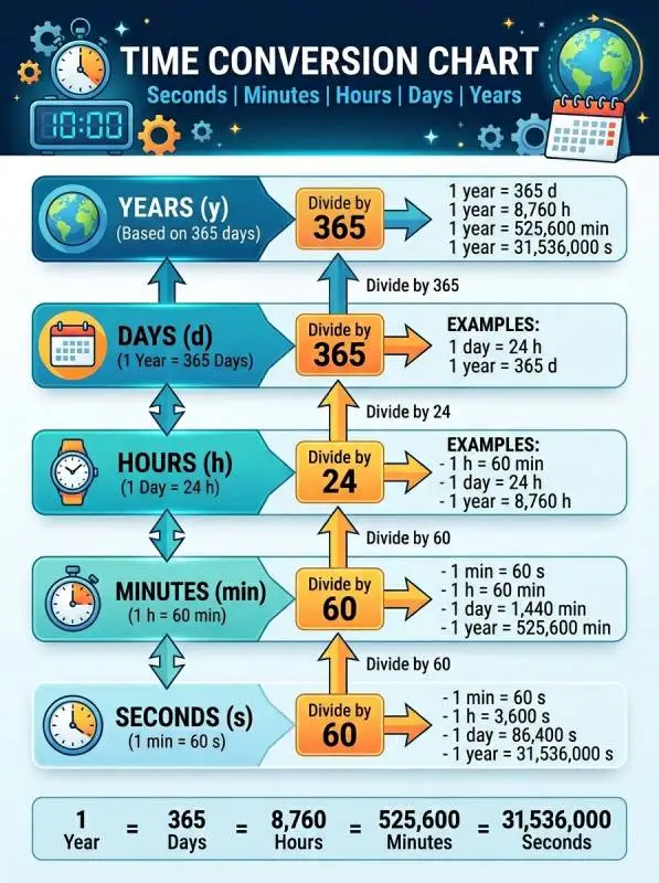 Time conversion chart showing seconds minutes hours days and years
