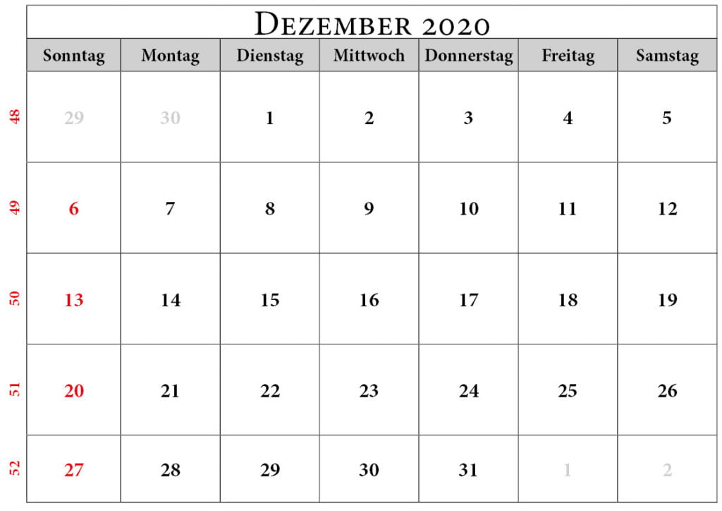 kalender dezember 2020