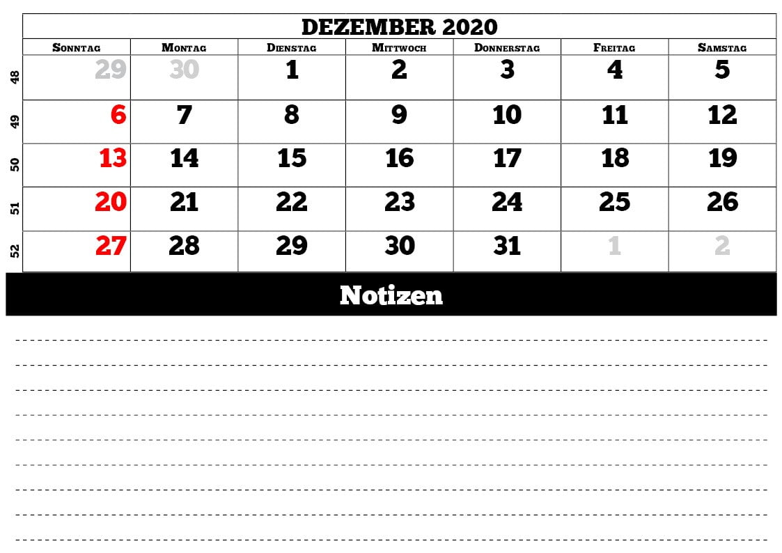 Kalender Dezember 2020 mit Notizen