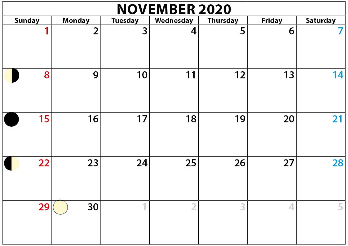 blank november 2020 calendar with moon phase