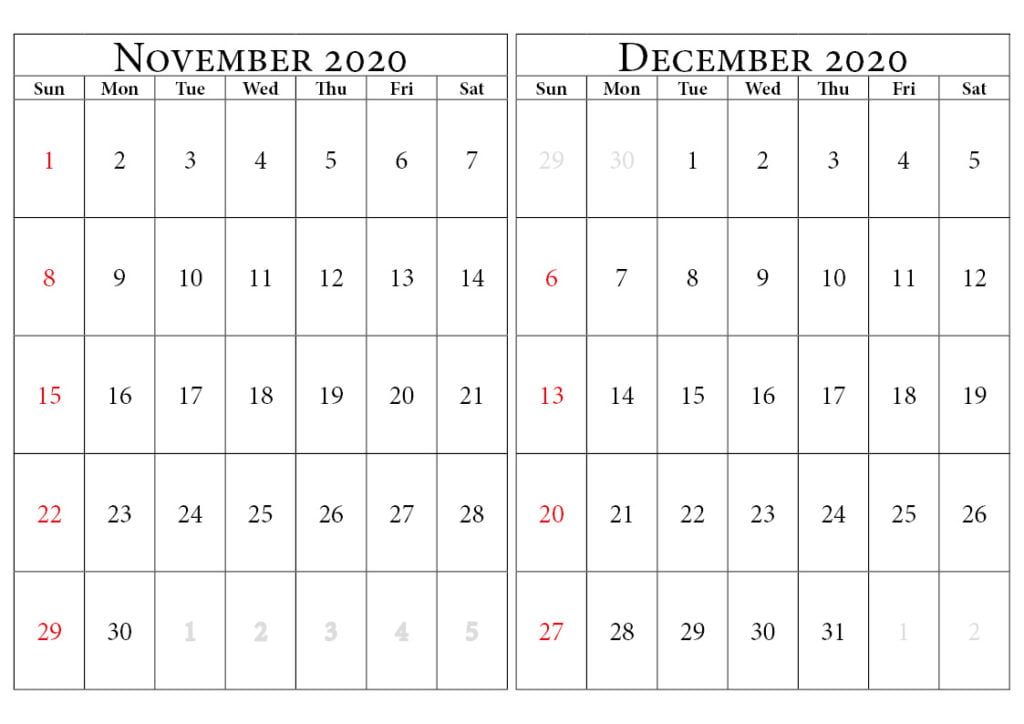 November 2020 Calendar Printable Template With Notes