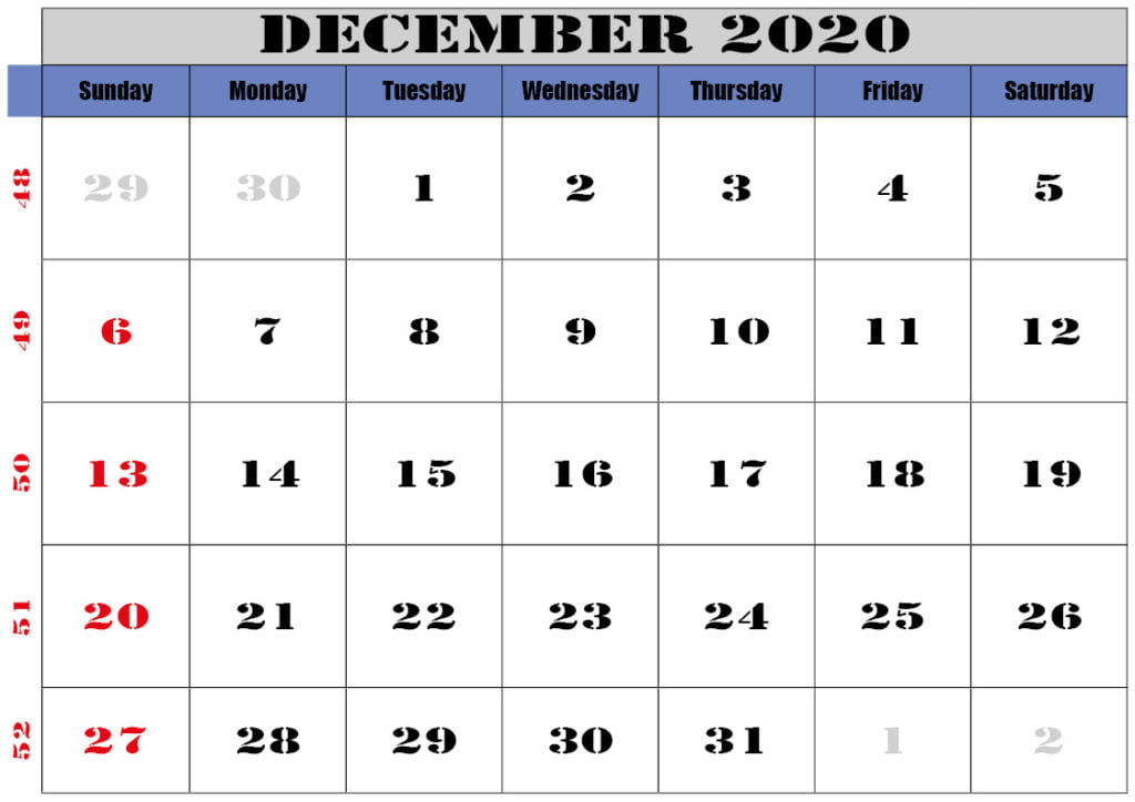 Download Free December 2020 Calendar Printable With Notes