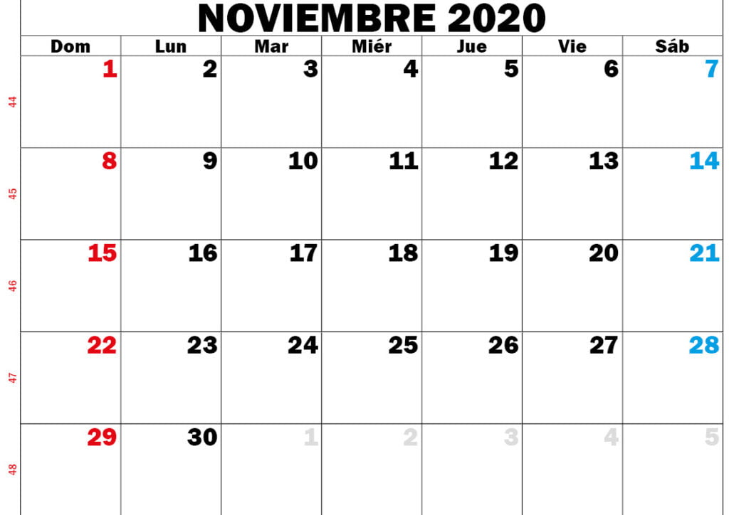 Calendario Noviembre 2020 - Imprimible Con Notas