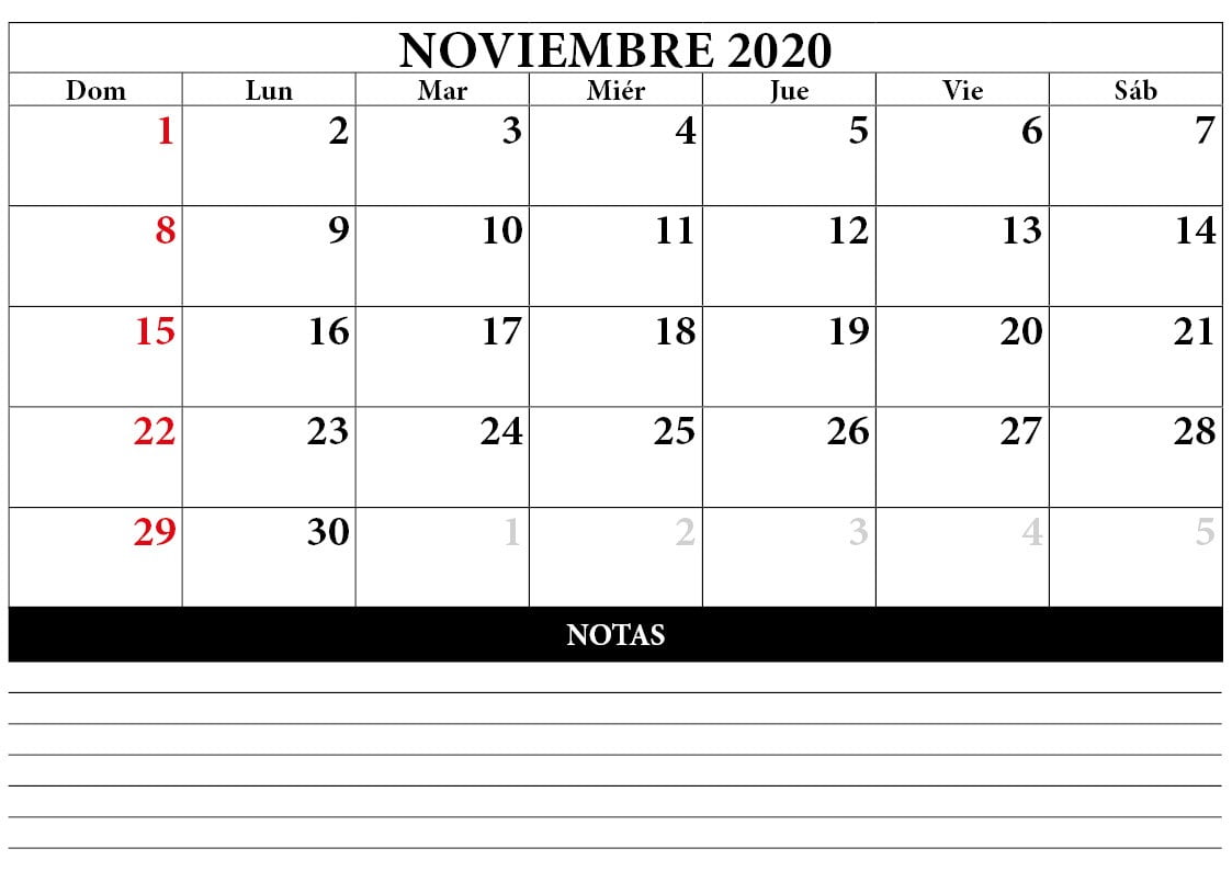 calendario mes noviembre 2020