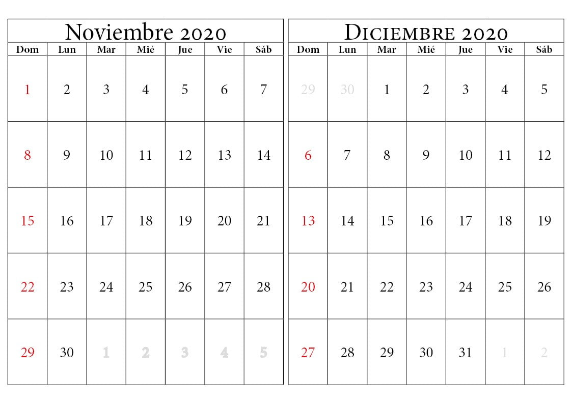 calendario noviembre diciembre 2020