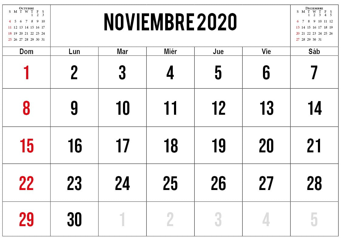 calendario del mes de noviembre del 2020