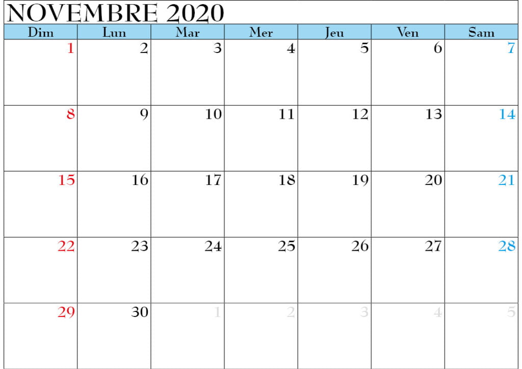 calendrier novembre 2020