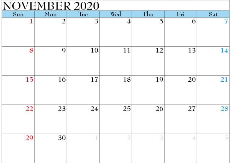 November 2020 Calendar Printable Template With Notes