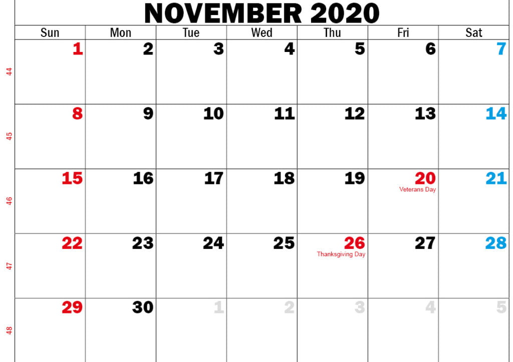 November 2020 Calendar Printable Template With Notes