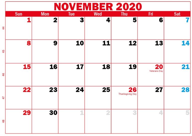 November 2020 Calendar Printable Template With Notes