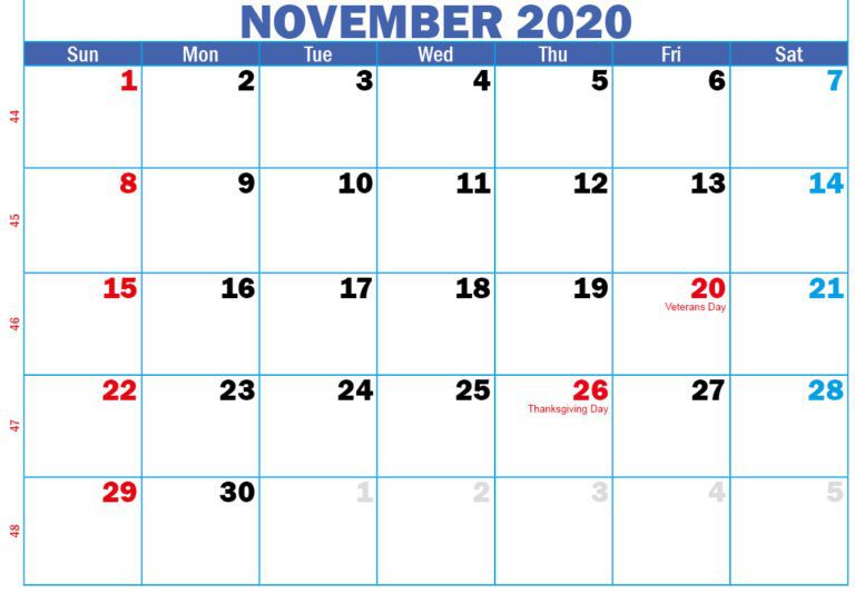 November 2020 Calendar Printable Template With Notes