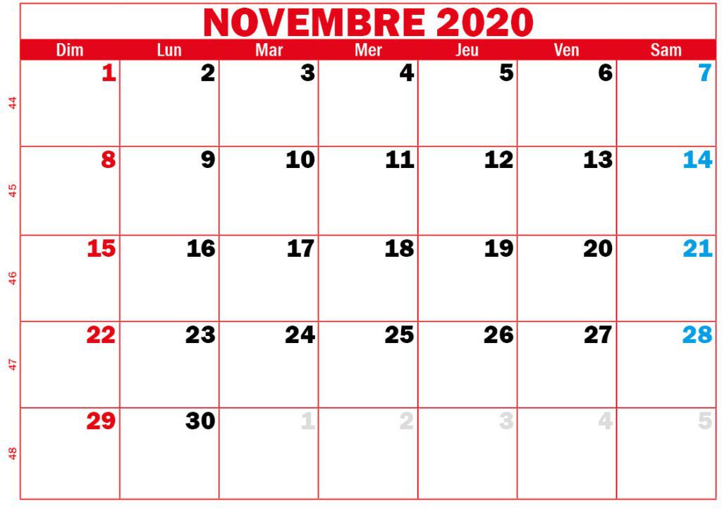 calendrier novembre 2020 à imprimer rouge