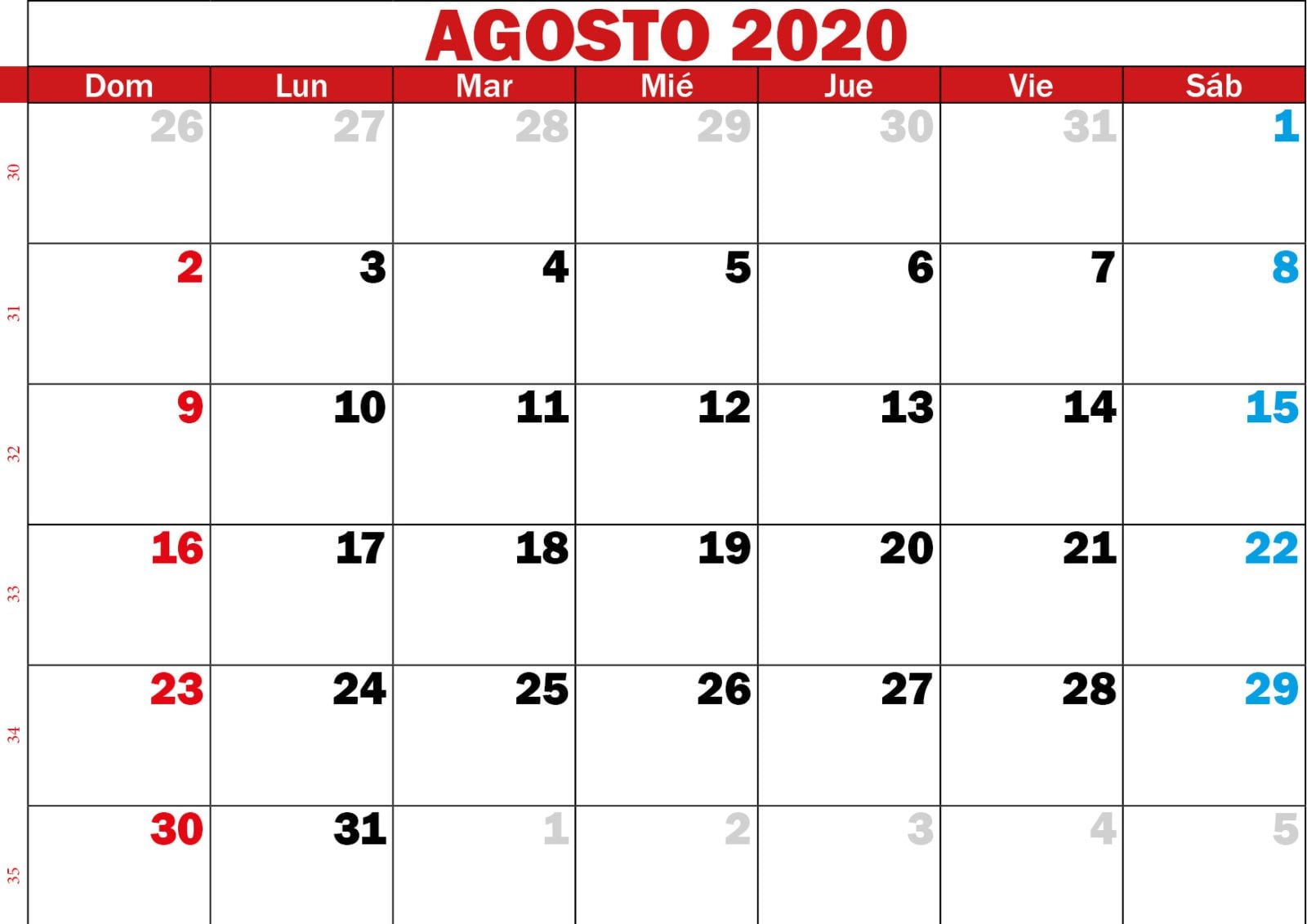 Plantilla De Calendario De Agosto 2020 En Blanco